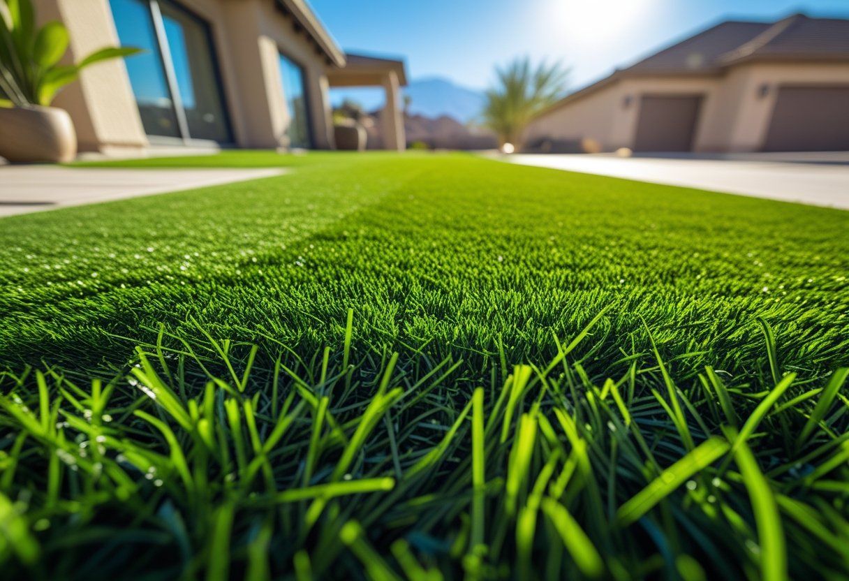 Close-up of clean artificial turf fibres against a Henderson desert sky