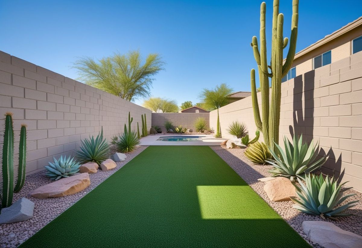 Sanitized artificial turf lawn in a Henderson residential back yard