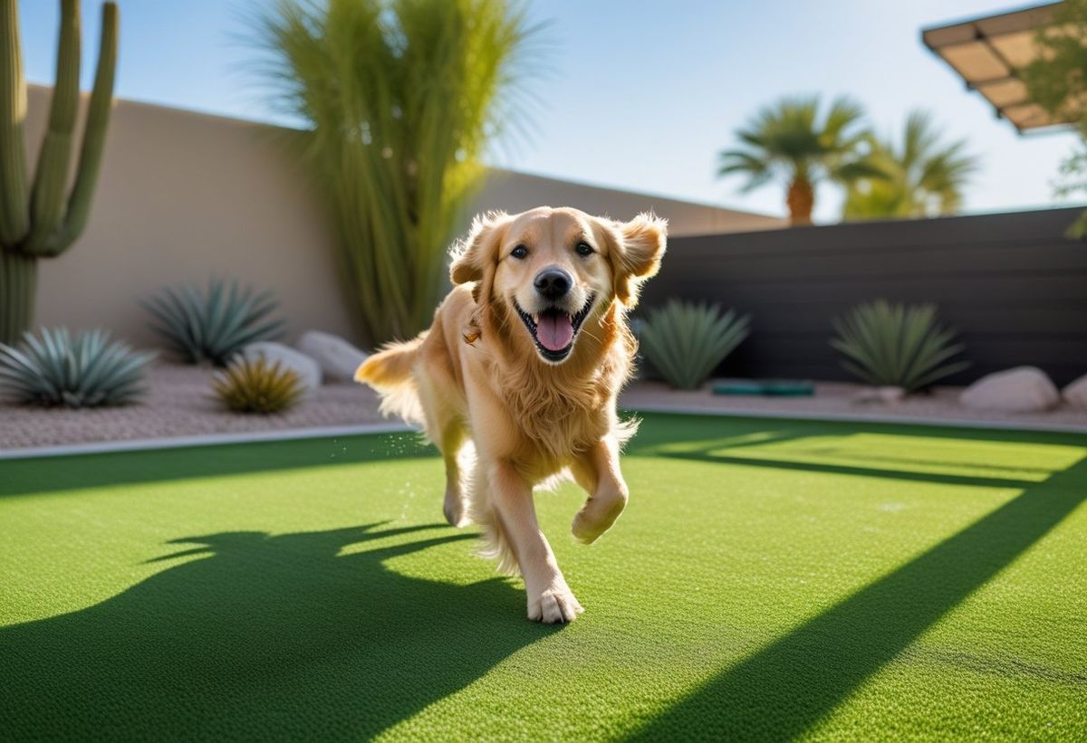 Dog resting on clean artificial turf in a Henderson back yard